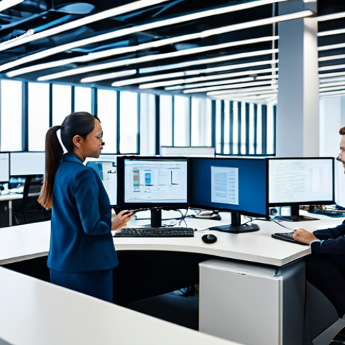 A professional and diverse team of IT specialists, including men and women, collaborating in a modern, spacious tech office. The scene subtly transitions from a symbolic representation of manual complexity (abstract tangled lines) on one side to the smooth, flowing lines of automated CI/CD pipelines and digital infrastructure on the other. Team members are engaging with multiple screens displaying code, data dashboards, and automated workflows, wearing professional business attire. The atmosphere is calm, efficient, and forward-looking. fully clothed, appropriate attire, safe for work, professional, perfect anatomy, correct proportions, natural pose, well-formed hands, proper finger count, natural body proportions.