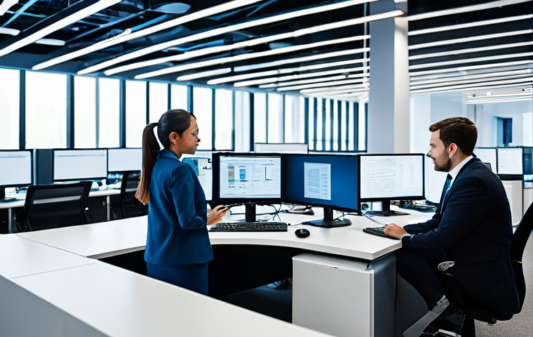 A professional and diverse team of IT specialists, including men and women, collaborating in a modern, spacious tech office. The scene subtly transitions from a symbolic representation of manual complexity (abstract tangled lines) on one side to the smooth, flowing lines of automated CI/CD pipelines and digital infrastructure on the other. Team members are engaging with multiple screens displaying code, data dashboards, and automated workflows, wearing professional business attire. The atmosphere is calm, efficient, and forward-looking. fully clothed, appropriate attire, safe for work, professional, perfect anatomy, correct proportions, natural pose, well-formed hands, proper finger count, natural body proportions.