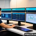 Home 22 CI CD 파이프라인 구축을 위한 경로 설정 - A detailed and modern CI/CD pipeline control room scene, showing multiple large transparent touchscr...