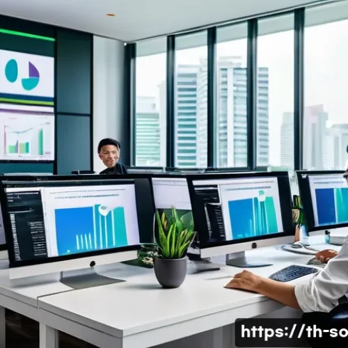 Home 33 CI CD 파이프라인의 효율적인 워크플로우 - A modern software development team collaborating in a bright, open office space in Bangkok, Thailand...