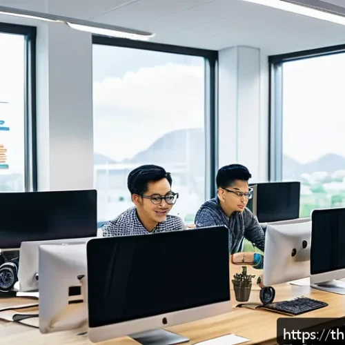 Home 30 CI CD 파이프라인에서의 코드 리뷰 프로세스 - A modern software development team collaborating in a bright, spacious office filled with multiple m...